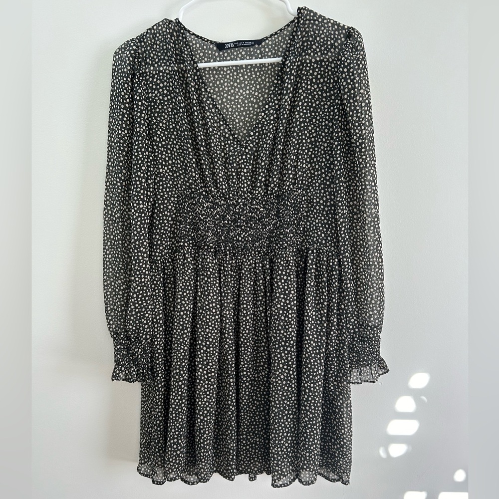 Zara Olive Green Polka Dot Long-sleeve Dress Size Small